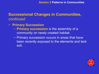 Successional Changes in Communities,  continued Primary Succession Primary succession  is the assembly of a community on newly created habitat.  Primary succession occurs in areas that have been recently exposed to the elements and lack soil.  Section 2  Patterns in Communities 
