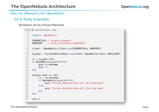 The OpenNebula Architecture
How to Interact with OpenNebula!
  OCA Ruby Example:
      Shutdown all my Virtual Machines




The OpenNebula Project                   13/18
 