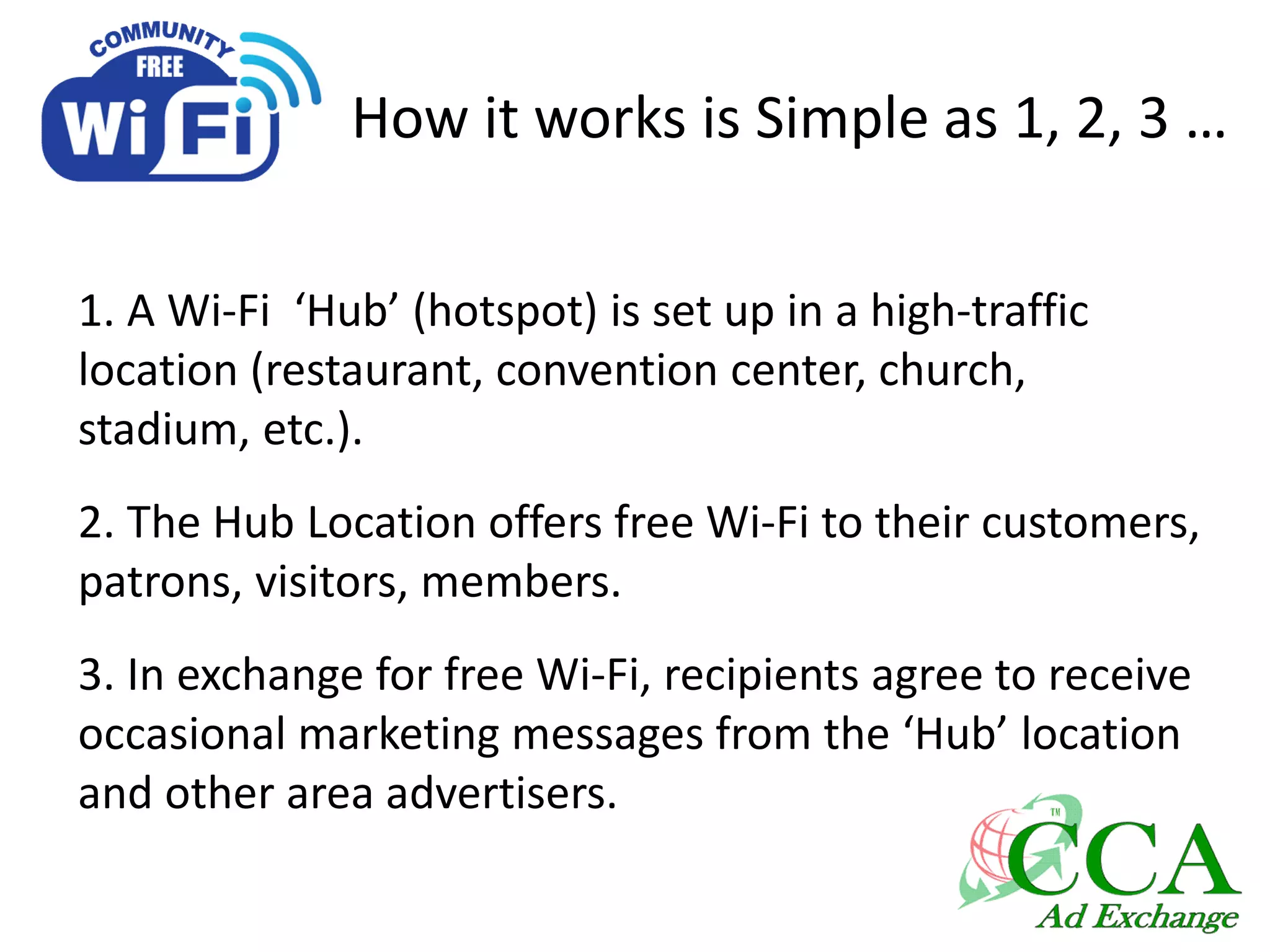 How it works is Simple as 1, 2, 3 …
1. A Wi-Fi ‘Hub’ (hotspot) is set up in a high-traffic
location (restaurant, convention center, church,
stadium, etc.).
2. The Hub Location offers free Wi-Fi to their customers,
patrons, visitors, members.
3. In exchange for free Wi-Fi, recipients agree to receive
occasional marketing messages from the ‘Hub’ location
and other area advertisers.
 