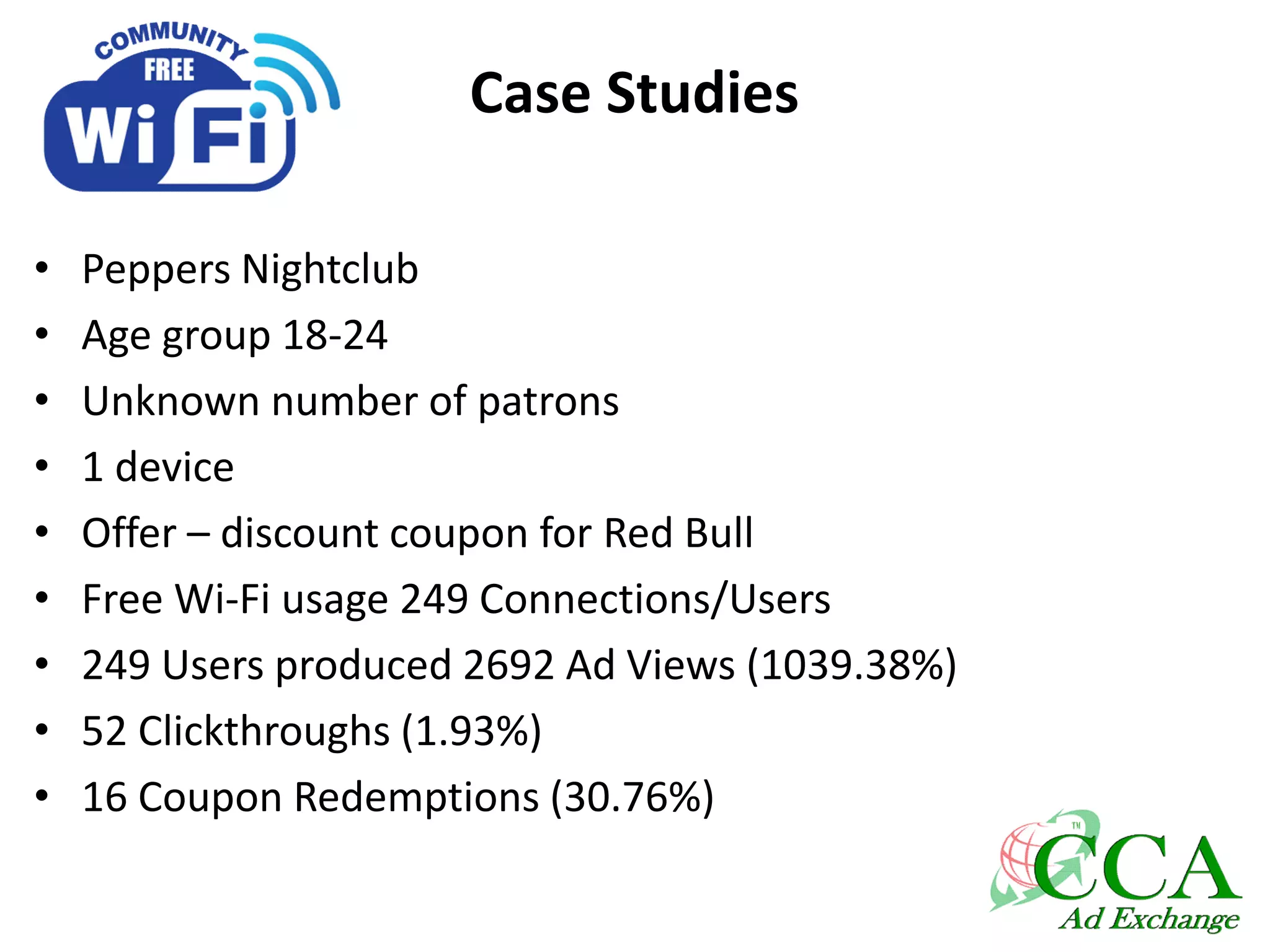 Case Studies
• Peppers Nightclub
• Age group 18-24
• Unknown number of patrons
• 1 device
• Offer – discount coupon for Red Bull
• Free Wi-Fi usage 249 Connections/Users
• 249 Users produced 2692 Ad Views (1039.38%)
• 52 Clickthroughs (1.93%)
• 16 Coupon Redemptions (30.76%)
 