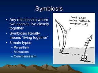 Symbiosis Any relationship where two species live closely together  Symbiosis literally means “living together” 3 main types Parasitism Mutualism Commensalism 