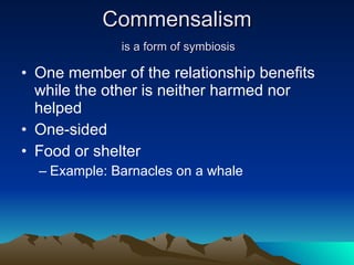 Commensalism   is a form of symbiosis  One member of the relationship benefits while the other is neither harmed nor helped One-sided Food or shelter Example: Barnacles on a whale 
