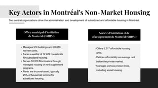 3
• Manages 918 buildings and 20,810
low-rent units.
• Faces a waitlist of 12,429 households
for subsidized housing.
• Serves 55,000 Montrealers through
managed housing or rent supplement
programs.
• Rents are income-based, typically
25% of household income for
subsidized housing.
Key Actors in Montréal's Non-Market Housing
Two central organizations drive the administration and development of subsidized and affordable housing in Montréal.
• Offers 5,217 affordable housing
units.
• Defines affordability as average rent
below the private market.
• Manages various product lines,
including social housing.
Société d’habitation et de
développement de Montréal (SHDM)
Office municipal d'habitation
de Montréal (OMHM)
 