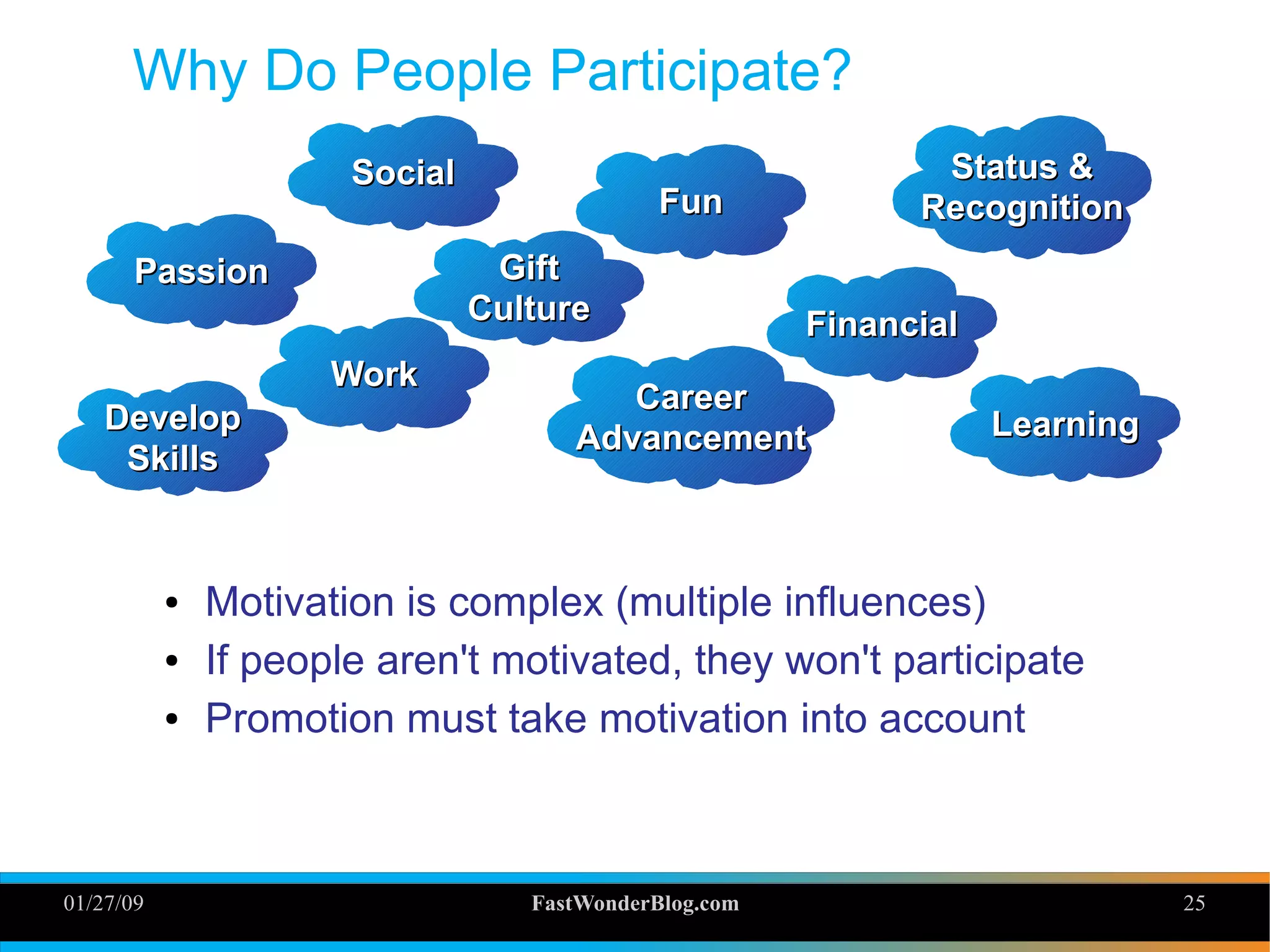 01/27/09 FastWonderBlog.com 25
Why Do People Participate?
● Motivation is complex (multiple influences)
● If people aren't motivated, they won't participate
● Promotion must take motivation into account 25
PassionPassion
DevelopDevelop
SkillsSkills
LearningLearning
Status &Status &
RecognitionRecognition
CareerCareer
AdvancementAdvancement
SocialSocial
FunFun
FinancialFinancial
GiftGift
CultureCulture
WorkWork
 