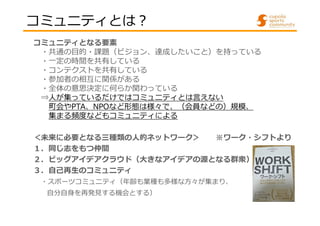 コミュニティとは？
コミュニティとなる要素
・共通の目的・課題（ビジョン、達成したいこと）を持っている
・一定の時間を共有している
・コンテクストを共有している
・参加者の相互に関係がある
・全体の意思決定に何らか関わっている
⇒人が集っているだけではコミュニティとは言えない
町会やPTA、NPOなど形態は様々で、（会員などの）規模、
集まる頻度などもコミュニティによる
＜未来に必要となる三種類の人的ネットワーク＞
※ワーク・シフトより
１．同じ志をもつ仲間
２．ビッグアイデアクラウド（大きなアイデアの源となる群衆）
３．自己再生のコミュニティ
・スポーツコミュニティ（年齢も業種も多様な⽅々が集まり、
⾃分⾃⾝を再発⾒する機会とする）

 