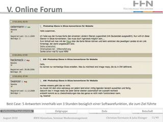 V. Online Forum




   Best Case: 5 Antworten innerhalb von 3 Stunden bezüglich einer Softwarefunktion, die zum Ziel führte
Definition/Charakteristik                  Zielgruppe                 Ziele                             Botschaft

August 2010                 RWH Künzelsau, Seminar Medienmanagement       Christian Eiermann & Julia Elsinger   11/40
 