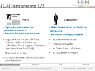(1.4) Instrumente 1/2

                               Profil                                               Botschafter

  - Digitale Repräsentation der                                 - Aktive Persönlichkeit mit fachlicher
    persönlichen Identität                                        Kompetenz
  - Statische Seite mit Informationen                           - Interaktion und Repräsentation
  • Angaben über Nutzer (z.B. Alter,                            •     Studien veröffentlichen
    Position im Beruf, Interessen,
                                                                •     Fragen beantworten
    Lebenslauf, Verlinkung mit Freunden
    bzw. Kontakten, Profilbild)                                 •     an Diskussionen teilnehmen
  • Bilder online stellen                                       •     zu Diskussionen anregen
  • Statusnachrichten, Videos und Links
    veröffentlichen
Definition/Charakteristik                  Zielgruppe                       Ziele                             Botschaft

August 2010                 RWH Künzelsau, Seminar Medienmanagement             Christian Eiermann & Julia Elsinger   15/40
 