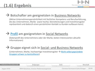 (1.6) Ergebnis
       Botschafter am geeignetsten in Business Networks
           (Aktive Unternehmenspersönlichkeit mit fachlicher Kompetenz und Berufserfahrung,
           die das Unternehmen, Marke sowie hochw. Dienstleistungen und Investitionsgüter
           repräsentiert und dadurch einen persönlichen Kontakt zu Kunden aufbauen kann)



       Profil am geeignetsten in Social Networks
           (Datenprofil des Unternehmens oder der Marke, bieten Interessierten aktuelle
           Informationen)


       Gruppe eignet sich in Social- und Business Networks
           (Unternehmen, Marke, hochwertige Investitionsgüter  Nicht selbst gegründete
           Gruppen schwer zu kontrollieren)



Definition/Charakteristik                  Zielgruppe                 Ziele                             Botschaft

August 2010                 RWH Künzelsau, Seminar Medienmanagement       Christian Eiermann & Julia Elsinger   20/40
 