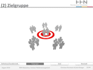 (2) Zielgruppe




Definition/Charakteristik                  Zielgruppe                 Ziele                             Botschaft

August 2010                 RWH Künzelsau, Seminar Medienmanagement       Christian Eiermann & Julia Elsinger   22/40
 
