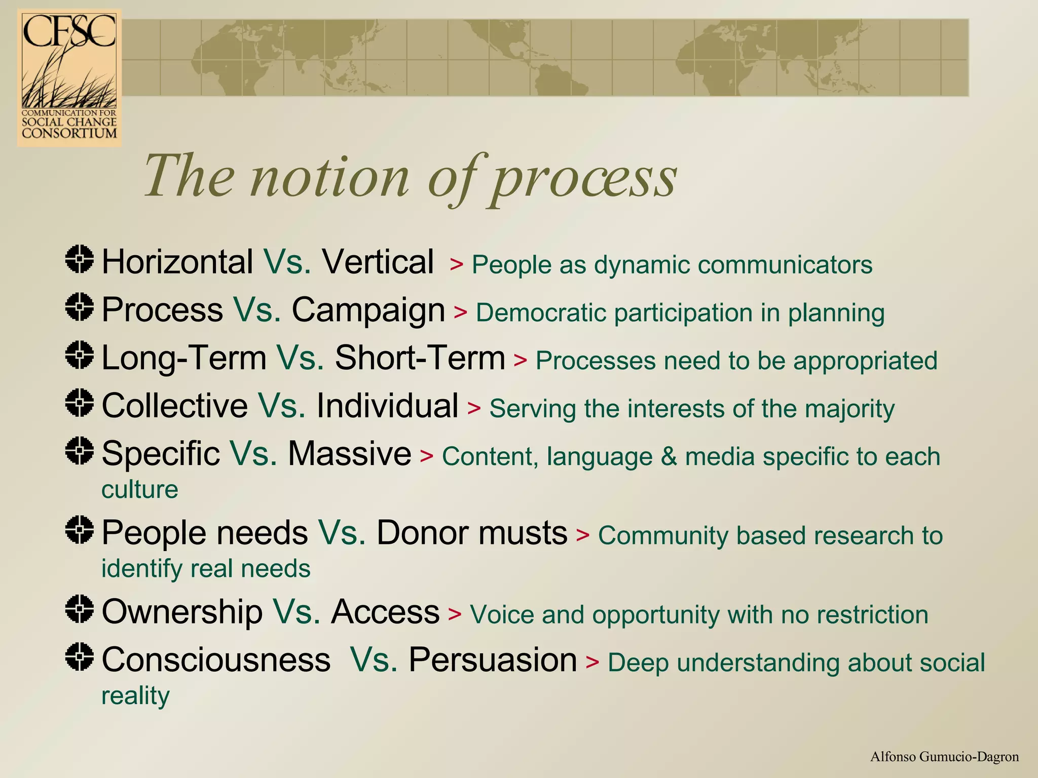 The notion of process Horizontal   Vs.   Vertical   >  People as dynamic communicators Process   Vs.   Campaign  >  Democratic participation in planning Long-Term   Vs.   Short-Term  >  Processes need to be appropriated Collective   Vs.   Individual  >  Serving the interests of the majority Specific   Vs.   Massive  >  Content, language & media specific to each culture People needs   Vs.   Donor musts  >  Community based research to identify real needs Ownership   Vs.   Access  >  Voice and opportunity with no restriction Consciousness   Vs.   Persuasion  >  Deep understanding about social reality 