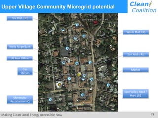 Making Clean Local Energy Accessible Now 21
Upper Village Community Microgrid potential
Fire Dist. HQ
Water Dist. HQ
MarketGas
Station
US Post Office
Wells Fargo Bank
Montecito
Association HQ
East Valley Road /
Hwy 192
San Ysidro Rd
 