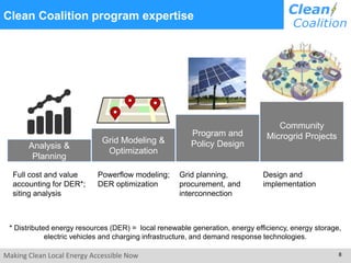 Making Clean Local Energy Accessible Now 8
Clean Coalition program expertise
Powerflow modeling;
DER optimization
Grid planning,
procurement, and
interconnection
Design and
implementation
Analysis &
Planning
Program and
Policy Design
Community
Microgrid ProjectsGrid Modeling &
Optimization
Full cost and value
accounting for DER*;
siting analysis
* Distributed energy resources (DER) = local renewable generation, energy efficiency, energy storage,
electric vehicles and charging infrastructure, and demand response technologies.
 