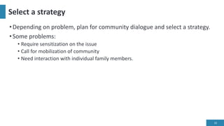 Select a strategy
•Depending on problem, plan for community dialogue and select a strategy.
•Some problems:
• Require sensitization on the issue
• Call for mobilization of community
• Need interaction with individual family members.
10
 