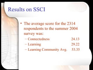 Results on SSCI <ul><li>The average score for the 2314 respondents to the summer 2004 survey was: </li></ul><ul><ul><li>Co...