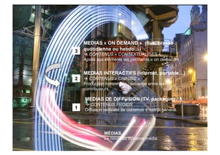 MEDIAS « ON DEMAND » (flux, presse
3   quotidienne ou hebdo…)
     CONTENUS « CONTEXTUALISES »
    Accès aux éléments les pertinents « on demand ».


    MEDIAS INTERACTIFS (internet, portable…)
2    CONTENUS « CHAUDS »
    Production horizontale : échange entre les
    contributeurs.

    MEDIAS DE DIFFUSION (TV, packaging…)
     CONTENUS FROIDS
1   Diffusion verticale de contenus d’intérêt général.




              MÉDIAS.
              Le nouveau système média.
 