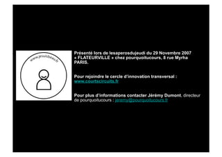 Présenté lors de lesaperosdujeudi du 29 Novembre 2007
« FLATEURVILLE » chez pourquoitucours, 8 rue Myrha
PARIS.


Pour rejoindre le cercle d’innovation transversal :
www.courtscircuits.fr


Pour plus d’informations contacter Jérémy Dumont, directeur
de pourquoitucours : jeremy@pourquoitucours.fr
 