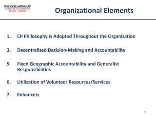 Organizational Elements CP Philosophy is Adopted Throughout the Organization Decentralized Decision-Making and Accountability Fixed Geographic Accountability and Generalist Responsibilities Utilization of Volunteer Resources/Services Enhancers  
