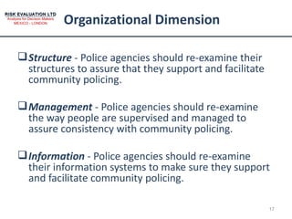 Organizational Dimension Structure  - Police agencies should re-examine their structures to assure that they support and facilitate community policing.  Management  - Police agencies should re-examine the way people are supervised and managed to assure consistency with community policing.  Information  - Police agencies should re-examine their information systems to make sure they support and facilitate community policing. 