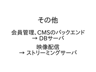 その他
会員管理、CMSのバックエンド
→ DBサーバ
映像配信
→ ストリーミングサーバ
 