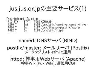 jus.jus.or.jpの主要サービス(1)
[hourin@exp6 ~]$ ps ax
PID TTY STAT TIME COMMAND
1210 ? Ssl 0:05 /usr/sbin/named -u named -t /var
1406 ? Ss 2:07 /usr/libexec/postfix/master
1422 ? Ss 2:08 /usr/sbin/httpd
named: DNSサーバ (BIND)
postfix/master: メールサーバ (Postfix)
メーリングリストはfmlで運用
httpd: 幹事用Webサーバ (Apache)
幹事Wiki(PukiWiki)、運営用CGI
 