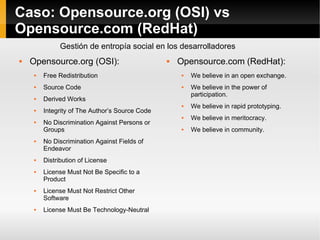 Caso: Opensource.org (OSI) vs
Opensource.com (RedHat)
               Gestión de entropía social en los desarrolladores
  ...