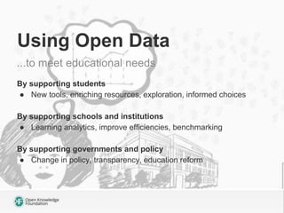 Using Open Data
...to meet educational needs
By supporting students
● New tools, enriching resources, exploration, informe...