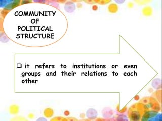 COMMUNITY
OF
POLITICAL
STRUCTURE
 it refers to institutions or even
groups and their relations to each
other
 