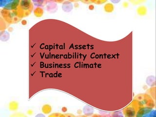  Capital Assets
 Vulnerability Context
 Business Climate
 Trade
 