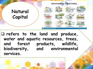 Natural
Capital
 refers to the land and produce,
water and aquatic resources, trees,
and forest products, wildlife,
biodiversity, and environmental
services.
 