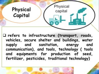Physical
Capital
 refers to infrastructure (transport, roads,
vehicles, secure shelter and buildings, water
supply and sanitation, energy and
communication), and tools, technology ( tools
and equipments for production of seed,
fertilizer, pesticides, traditional technology)
 