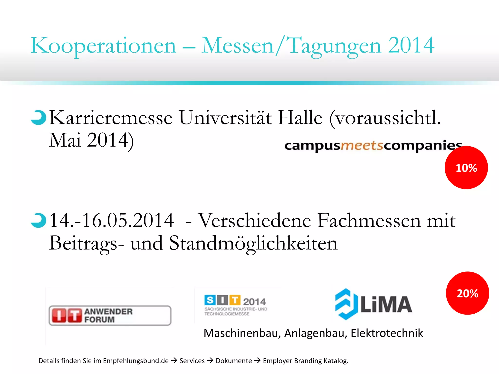 Kooperationen – Messen/Tagungen 2014
Karrieremesse Universität Halle (voraussichtl.
Mai 2014)
14.-16.05.2014 - Verschiedene Fachmessen mit
Beitrags- und Standmöglichkeiten
10%
Maschinenbau, Anlagenbau, Elektrotechnik
20%
Details finden Sie im Empfehlungsbund.de  Services  Dokumente  Employer Branding Katalog.
 