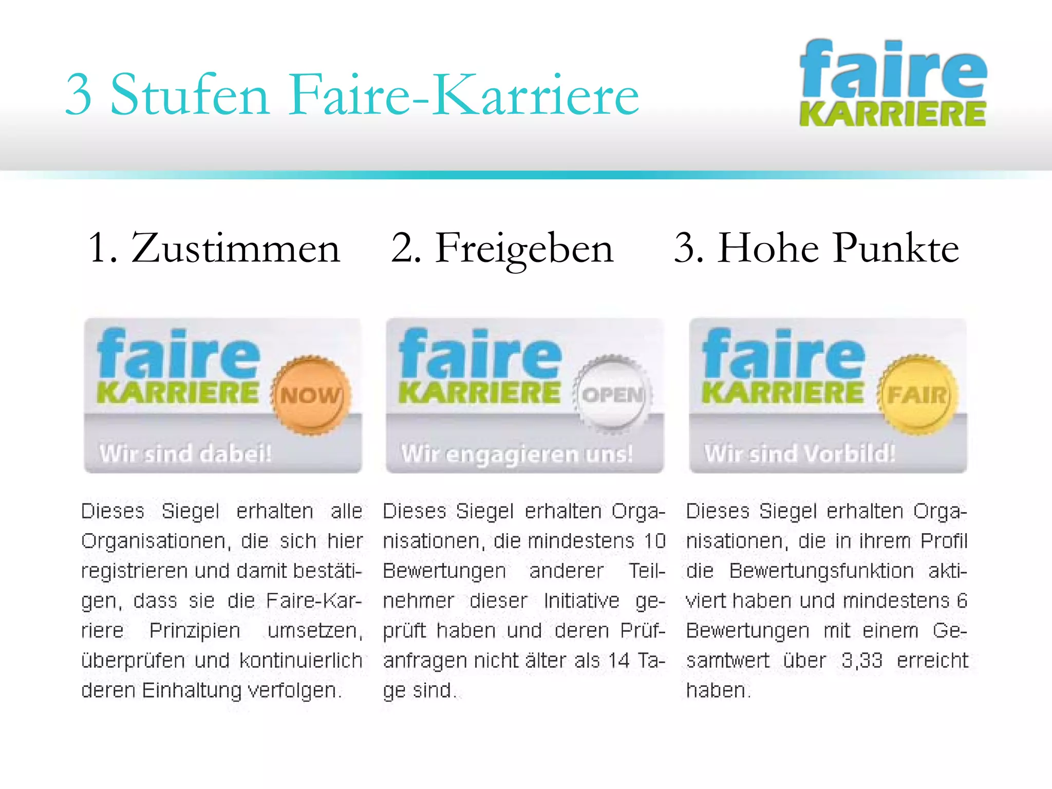 3 Stufen Faire-Karriere
1. Zustimmen 2. Freigeben 3. Hohe Punkte
 