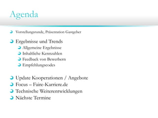 Agenda
Vorstellungsrunde, Präsentation Gastgeber
Ergebnisse und Trends
Allgemeine Ergebnisse
Inhaltliche Kennzahlen
Feedback von Bewerbern
Empfehlungscodes
Update Kooperationen / Angebote
Focus – Faire-Karriere.de
Technische Weiterentwicklungen
Nächste Termine
 