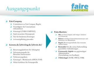 Ausgangspunkt
Fair-Company
Commitment zu Fair-Company Regeln
Freiwilligkeit für Unternehmen
teilzunehmen
Gütesiegel (FAIR-COMPANY)
Stark monetärer Hintergrund;
Nur für Studenten/Einsteiger
ist kostenpflichtig geworden
kununu.de/jobvoting.de/jobvote.de/
…
Bewertungsplattform für Arbeitgeber
Informationsquelle für
Bewerber/Interessenten
Verbesserungsideen
Gütesiegel – Wettbewerb (OPEN/TOP)
Hohe Gebühren für Firmenprofile
Faire-Karriere
Mix aus Fair-Company und einigen Ansätzen
von kununu.de
Balance zwischen Unternehmensinteressen und
Interessen von Mitarbeitern
Regeln/Bewertungsmaßstäbe über monetäre
Anreize hinaus
Kostenfrei für alle versus Sicherstellung
gesetzlicher Anforderungen
Community Aspekt zur gegenseitigen
Administration
(Freischaltung von Feedback)
3 Gütesiegel (NOW, OPEN, FAIR)
 