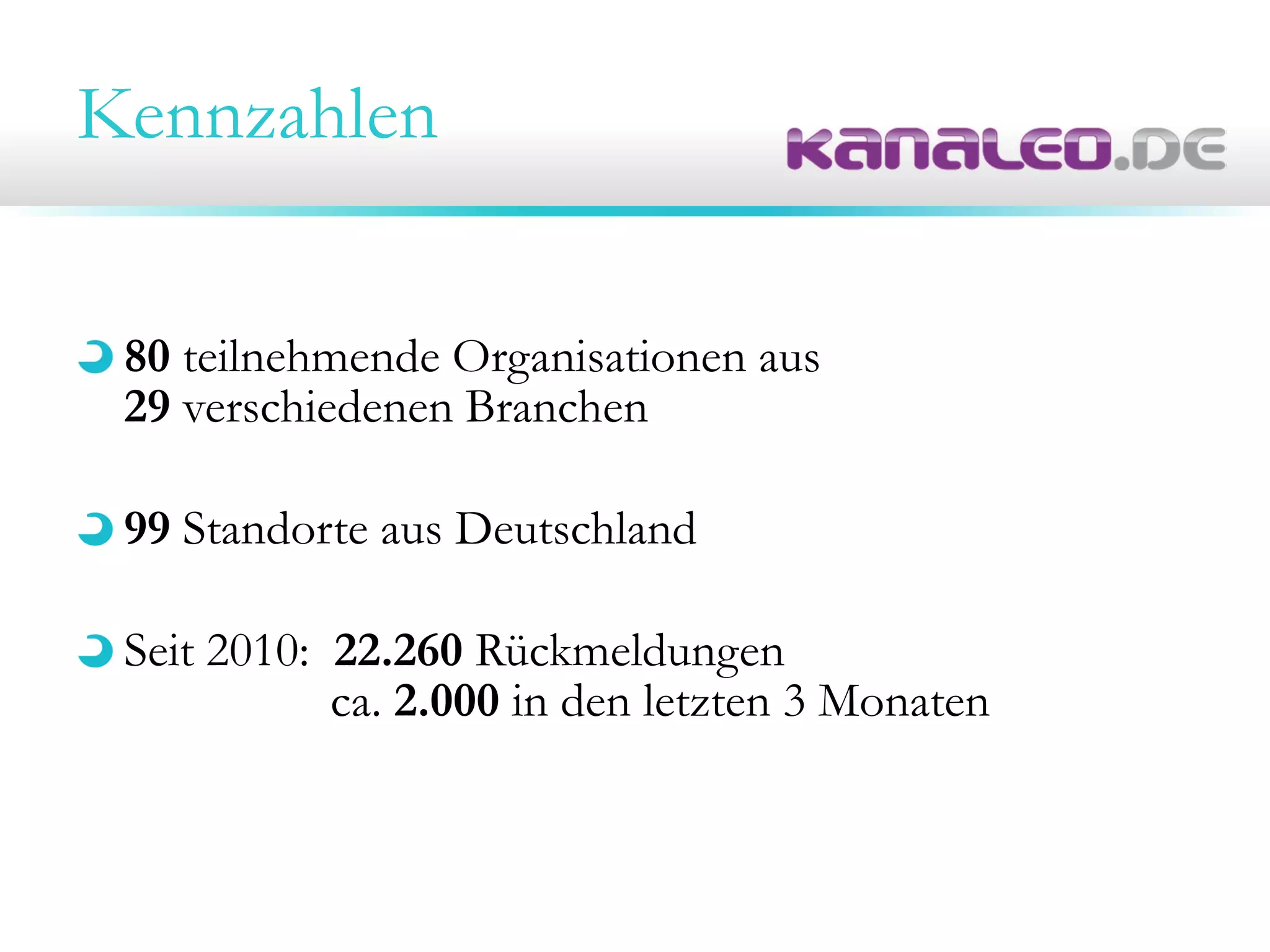 Kennzahlen
80 teilnehmende Organisationen aus
29 verschiedenen Branchen
99 Standorte aus Deutschland
Seit 2010: 22.260 Rückmeldungen
ca. 2.000 in den letzten 3 Monaten
 