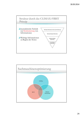 30.09.2014 
24 
Struktur durch das CLIMAX-FIRST 
Prinzip 
Journalistische Technik 
zur Strukturierung von 
Informationen 
Wichtige Informationen 
zu Beginn des Textes 
Suchmaschinenoptimierung 
Aufbau 
Inhalt/ 
Schreibstil 
SEO 
 