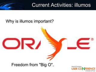 Current Activities: illumos


Why is illumos important?




  Freedom from "Big O".
 