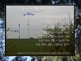 ‫טורבינת רוח 05 קילוואט‬
                               ‫0213 ‪Endurance‬‬             ‫●‬



                         ‫קוטר להבים – 2.91 מטר‬            ‫●‬



                           ‫גובה מגדל – 5.03 מטר‬           ‫●‬


‫5.03‬
                     ‫ייצור חשמל השווה לצריכת*:‬            ‫●‬


                       ‫צפון הגולן – 03 משקי בית‬
                       ‫הרי משגב – 82 משקי בית‬
                     ‫דרום הערבה – 52 משקי בית‬

   ‫*הערכה בלבד, תפוקה תלויה בהתפלגות מהירויות הרוח באתר‬
 