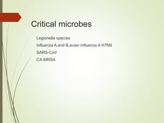 Critical microbes
Legionella species
Influenza A and B,avian influenza A H7N9
SARS-CoV
CA-MRSA
 