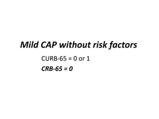 Mild CAP without risk factors
CURB-65 = 0 or 1
CRB-65 = 0
 