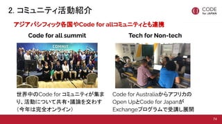 2. ߥ˥ƥӽB?
74
ѥեåCode for allߥ˥ƥȤBЯ
Code for all summit Tech for Non-tech
ФCode for ߥ˥ƥ
ꡢӤˤĤƹ?hՓ򽻤魯
ȫ饤
Code for Australia饢եꥫ
Open UpCode for Japan
Exchangeץvչ_
 