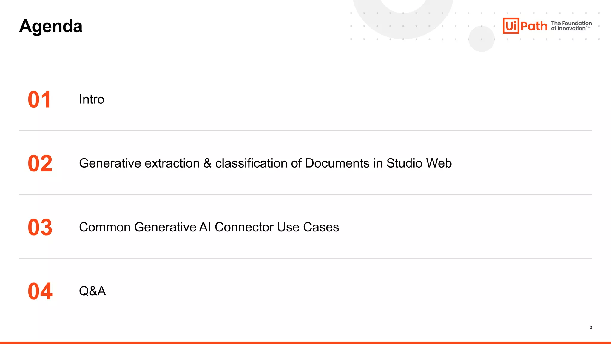 2
Agenda
01
02
03
04
Intro
Generative extraction & classification of Documents in Studio Web
Common Generative AI Connector Use Cases
Q&A
 
