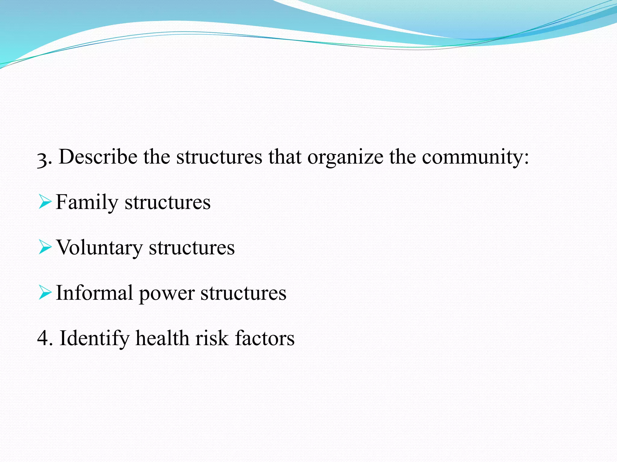 3. Describe the structures that organize the community:
Family structures
Voluntary structures
Informal power structures
4. Identify health risk factors
 