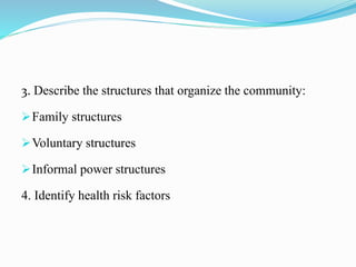 3. Describe the structures that organize the community:
Family structures
Voluntary structures
Informal power structures
4. Identify health risk factors
 