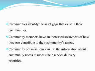 Communities identify the asset gaps that exist in their
communities.
Community members have an increased awareness of how
they can contribute to their community’s assets.
Community organizations can use the information about
community needs to assess their service delivery
priorities.
 