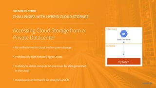 ALLUXIO 15
CHALLENGES WITH HYBRID CLOUD STORAGE
USE CASE 04: HYBRID
Accessing Cloud Storage from a
Private Datacenter
• No unified view for cloud and on-prem storage
• Prohibitively high network egress costs
• Inability to utilize compute on-premises for data generated
in the cloud
• Inadequate performance for analytics and AI
PyTorch
ON PREMISE
PUBLIC CLOUD
 