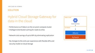 ALLUXIO 16
• Performance as if data is on the on-prem compute cluster
• Intelligent distributed caching for reads & writes
• Network cost savings of up to 80% by eliminating replication
• No changes to the end-user experience with flexible APIs and
security model on cloud storage
SOLUTION
Hybrid Cloud Storage Gateway for
data in the cloud
USE CASE 04: HYBRID
Alluxio
PyTorch
ON PREMISE
PUBLIC CLOUD
 