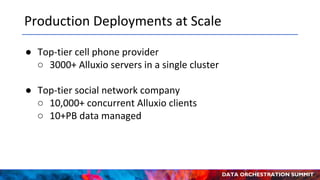 DATA ORCHESTRATION SUMMIT
Production Deployments at Scale
● Top-tier cell phone provider
○ 3000+ Alluxio servers in a single cluster
● Top-tier social network company
○ 10,000+ concurrent Alluxio clients
○ 10+PB data managed
 