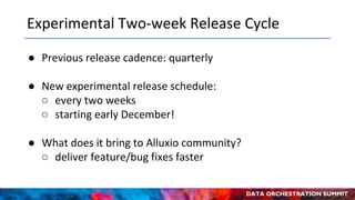 DATA ORCHESTRATION SUMMIT
Experimental Two-week Release Cycle
● Previous release cadence: quarterly
● New experimental release schedule:
○ every two weeks
○ starting early December!
● What does it bring to Alluxio community?
○ deliver feature/bug fixes faster
 