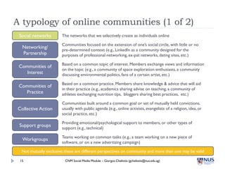 A typology of online communities (1 of 2)
 Social networks        The networks that we selectively create as individuals online

                        Communities focused on the extension of one’s social circle, with little or no
  Networking/
                        pre-determined context (e.g., LinkedIn as a community designed for the
  Partnership           purposes of professional networking, ex-pat networks, dating sites, etc.)

                        Based on a common topic of interest. Members exchange views and information
 Communities of
                        on the topic (e.g., a community of space exploration enthusiasts, a community
    Interest            discussing environmental politics, fans of a certain artist, etc.)

                        Based on a common practice. Members share knowledge & advice that will aid
 Communities of
                        in their practice (e.g., academics sharing advise on teaching, a community of
   Practice             athletes exchanging nutrition tips, bloggers sharing best practices, etc.)

                        Communities built around a common goal or set of mutually held convictions,
Collective Action       usually with public agenda (e.g., online activists, evangelists of a religion, idea, or
                        social practice, etc.)

                        Providing emotional/psychological support to members, or other types of
 Support groups
                        support (e.g., technical)

                        Teams working on common tasks (e.g., a team working on a new piece of
  Workgroups
                        software, or on a new advertizing campaign)

  Not mutually exclusive; these are different perspectives on community and more than one may be valid

 15                      CNM Social Media Module – Giorgos Cheliotis (gcheliotis@nus.edu.sg)
 
